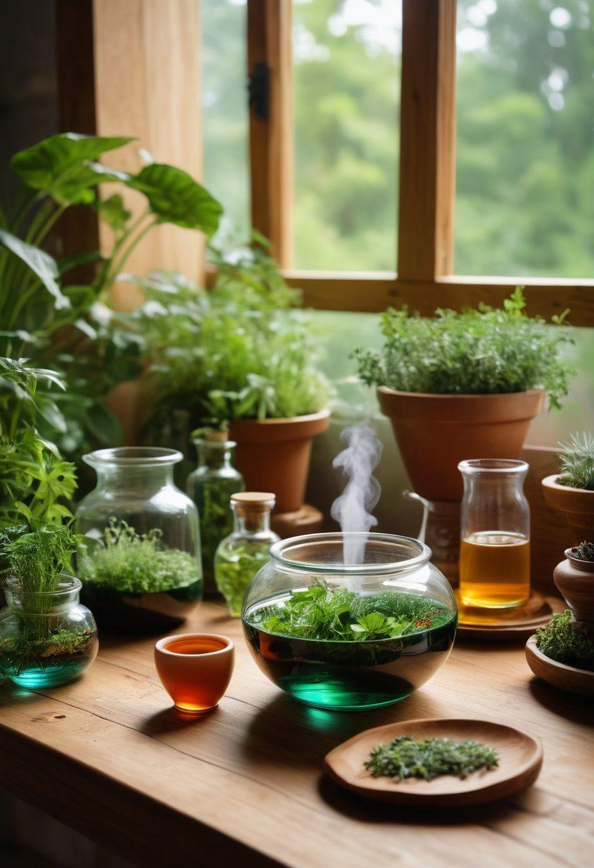 An artistic arrangement of various bong accessories such as colorful bowls, sleek glass pipes, and aromatic herbs displayed on a serene wooden table. Surround the scene with lush green plants and soft natural lighting, to evoke a sense of tranquility and wellness. Include subtle symbols of health like leafy greens or herbal tea cups to emphasize natural remedies. The background features a light, airy, and calming atmosphere. vibrant colors. super-realistic.