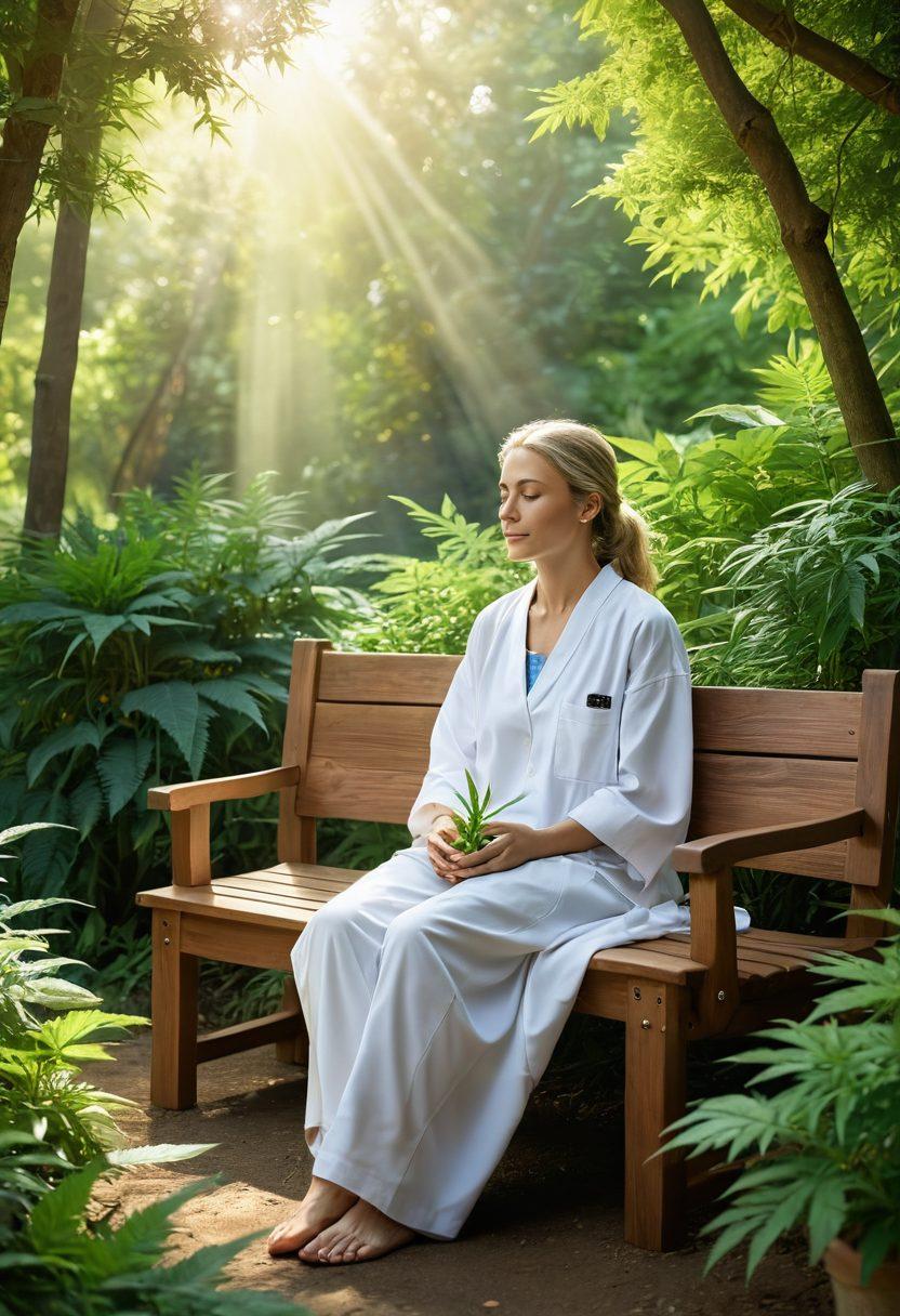 A serene scene depicting a patient in a peaceful garden, holding a cannabis leaf while radiating wellness and relief. The background features soft sunlight filtering through green trees, symbolizing healing. Include elements like a cozy bench and blooming flowers, representing a journey towards health. super-realistic. vibrant colors. natural setting.