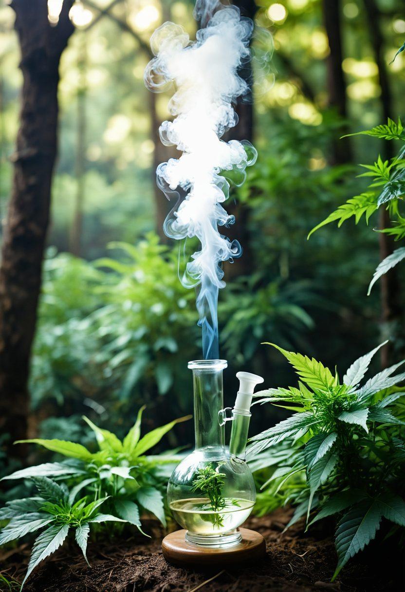 A serene scene depicting a medical bong surrounded by a variety of fresh cannabis leaves, with light filtering through the leaves creating a calming atmosphere. Soft focus on the bong with ethereal smoke wafting upwards, hinting at healing and relaxation. In the background, a tranquil nature setting, perhaps a soft stream or forest. The colors should be soothing greens and earthy tones to evoke a sense of wellness. super-realistic. vibrant colors. soft focus.